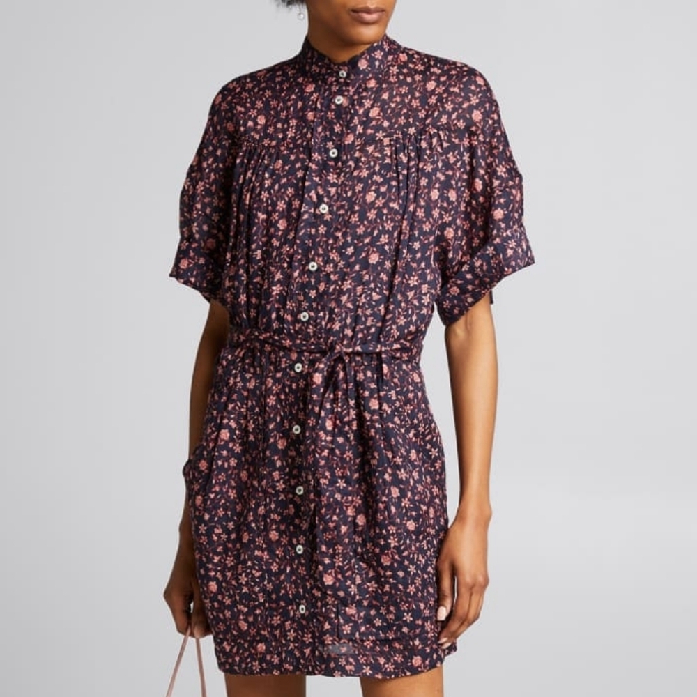 Frame Navy Floral Short Sleeve Button Down Mini Dress Pockets Size M